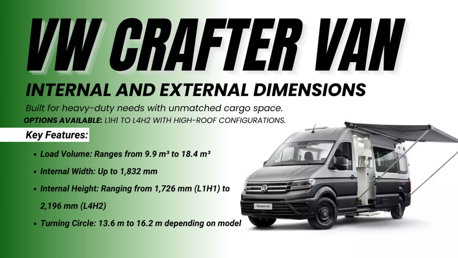 Volkswagen Van Dimensions Caddy, Crafter, T5, T6 Transporter (Length L, Height H)
