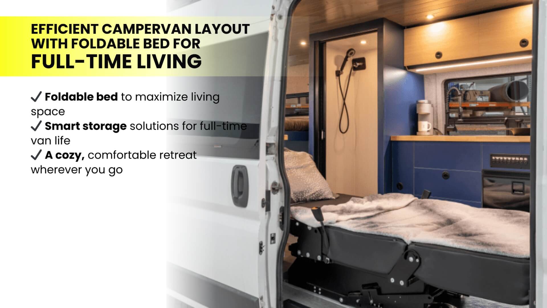 Efficient Campervan Layout with Foldable Bed for Full-Time Living